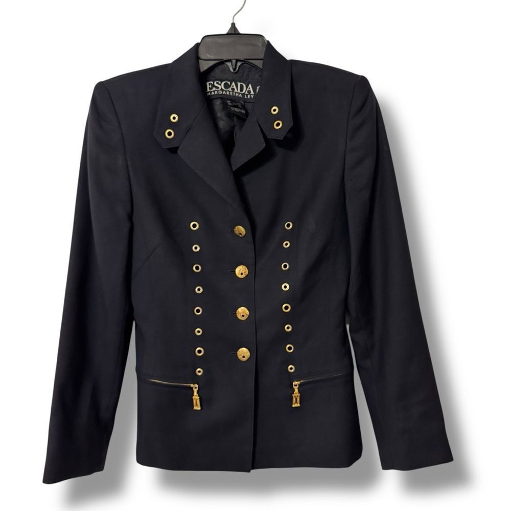 Escada Margaretha Ley Blazer EU 36 US 4 Navy Wool Grommet Vintage